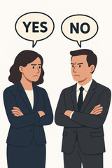 Obraz premium Business negotiation breakdown disagreement conflict dispute. Yes no decision making. Corporate professionals arguing communication failure. Opposing views tension deadlock concept vector