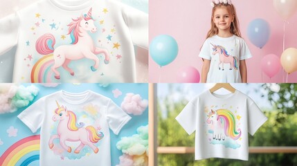 Four children's t-shirts featuring pastel unicorn graphics