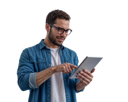 Man with glasses looking at a tablet in his hands with a denim shirt on on transparent background