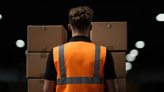 Worker in safety vest carries stacked cardboard boxes in dimly lit space
