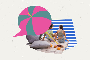 Trendy poster art photo collage of happy girls sit picnic fruit grape plate umbrella chatterbox...