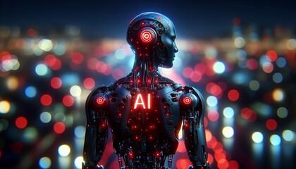 This is a futuristic, AI-powered humanoid with glowing neon lights that embodies technological innovation in a vibrant cityscape.
