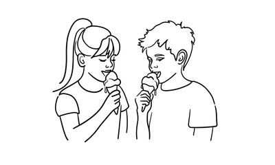 Boy and girl eating ice cream continious line drawing. Summer holidays outline. Vector illustration