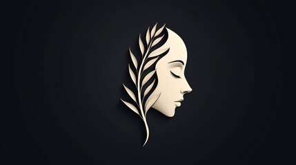 Elegant female profile,  crowned with a stylized olive branch.  Soft light, muted colors