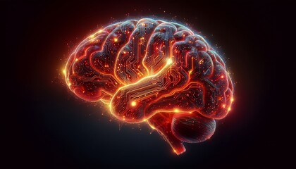 A glowing digital brain with intricate circuitry symbolizes the fusion of technology and human intelligence.
