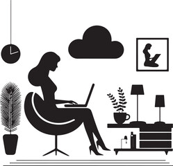 Minimalist Man/Woman Working on Laptop at Home Office - Vector Illustration