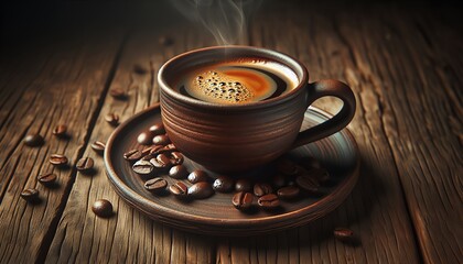 A steaming cup of coffee with coffee beans on a rustic wooden table is perfect for a cozy morning vibe.
