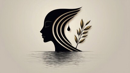 Elegant female profile, flowing hair, olive branch, tranquil water