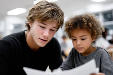 Obraz premium A focused young adult assists a child in learning, showcasing the bond of mentorship and education. Their engagement highlights the importance of guidance in learning.