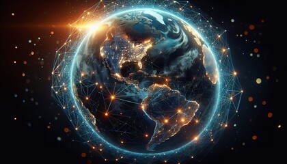A glowing Earth surrounded by interconnected networks symbolizes global connectivity and technological advancement.
