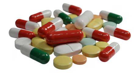 Isolated Pile of Various Colorful Pills and Capsules on Transparent Background