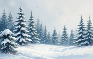 Fototapeta premium Winter tree background image with white snow, landscape, nature, banner texture poster ad, illustration