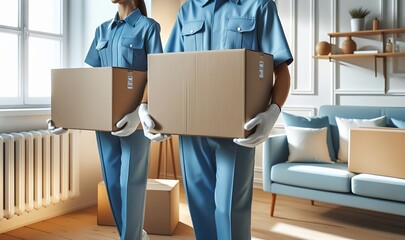 Professional movers in blue uniforms symbolize efficient relocation services by transporting boxes.

