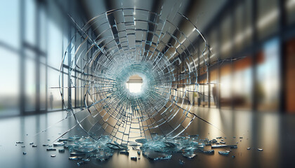 A shattered glass window in a modern building symbolizes disruption and impact.
