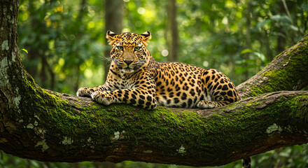 A leopard, cantered in the image, lies on a mossy tree branch. The leopard is a tawny colour with dark brown spots. Its eyes are a striking greenish-blue. The leopard is in a relaxed pose, lying down 