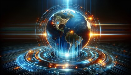 This is a futuristic digital representation of Earth, surrounded by glowing circuits and data streams.
