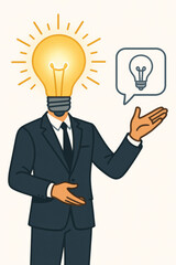 Business innovation concept metaphor. Creative businessman with glowing light bulb head. Brainstorming ideas solution inspiration thinking presentation vector illustration