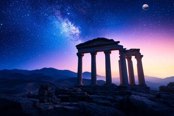 Fototapeta premium Silhouetted Ancient Ruins Under a Starry Night Sky