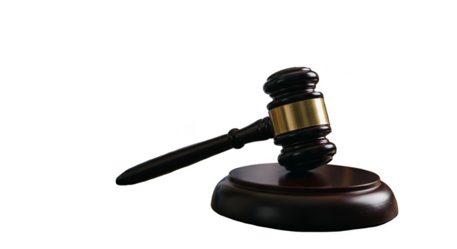 Isolated PNG of Dark Brown Gavel on Black in Legal Justice Theme