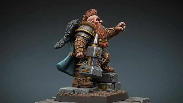 A detailed miniature of a dwarf warrior standing on a stone, showcasing intricate armor and a hammer