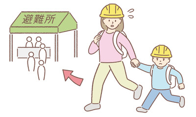 災害時に避難所に向かう親子