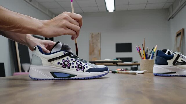 Close-up of hands painting floral ornaments on white sneaker, customizing shoes with precision in a modern workshop