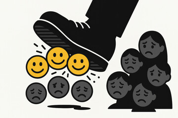 Fototapeta premium Psychological pressure crushing happiness concept. Mental health depression anxiety stress. Boot stomping emotions. Oppression authority power control. Sad faces people metaphor illustration