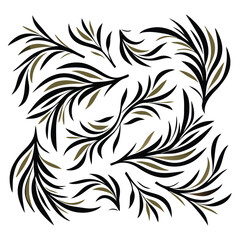 Decorative Floral Elements Black and Olive Green Leafy Branches on White Background