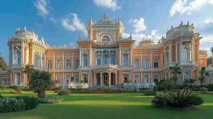 Grand palace facade with landscaping and clear sky.