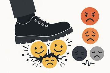 Psychological pressure bullying oppression concept. Boot foot stepping crushing breaking happy smiley emoji faces. Mental health depression workplace harassment metaphor illustration
