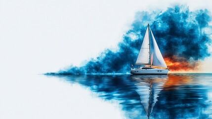 Obraz premium Tranquil Sailboat Drifting Calmly on Blue Watercolor Sea
