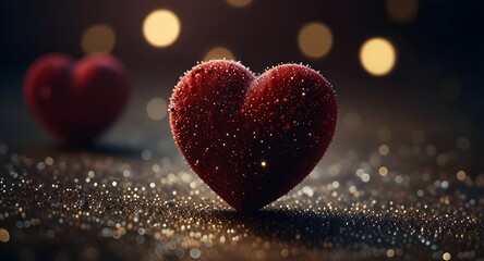 Fototapeta premium Macro image of two red hearts with a velvet texture and sparkling dust, displayed on a dark backdrop. 
