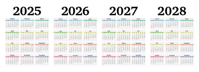Set of calendars for 2025, 2026, 2027 and 2028 on a white background