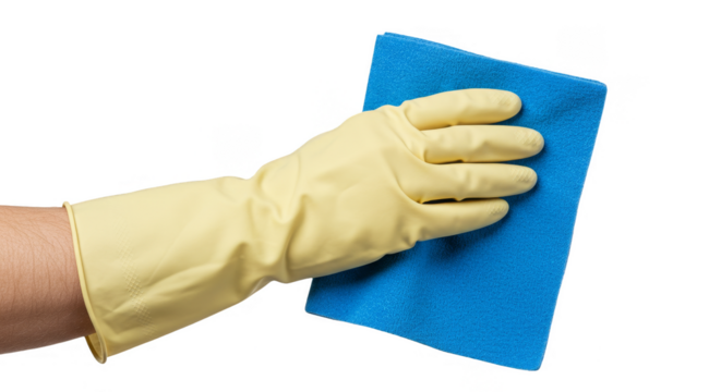 Cleaning Concept Hand in Yellow Glove with Blue Sponge on Transparent