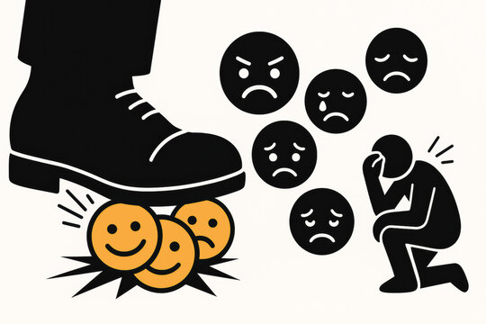 Mental health depression anxiety concept. Psychological pressure crushing happiness. Boot trampling smiley faces metaphor. Stress oppression bullying illustration dejected person silhouette