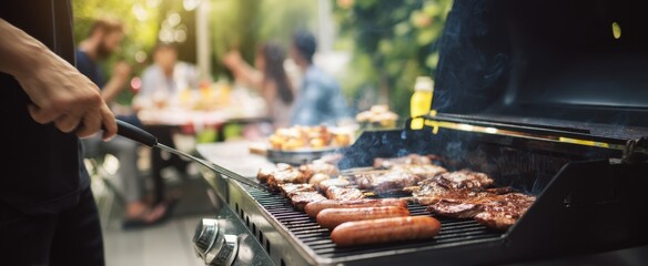 The grill sizzling with sausages and steaks at a summer gathering.
