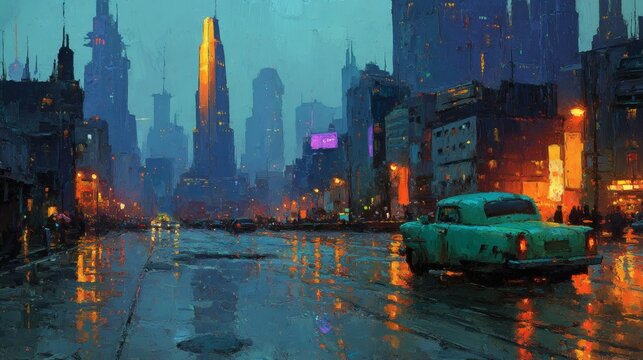 A dusk-lit street in the heart of a cyberpunk city, where vehicles without wheels hover past reflective skyscrapers glowing in ultraviolet hues and soft neon reflections ripple on the wet ground 