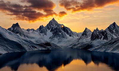 Dramatic alpine sunrise over snow-covered peaks reflected in a calm mountain lake surrounded by rugged wilderness. - Powered by Adobe
