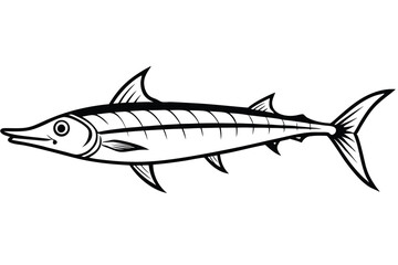 Black and White Line Art Illustration of a Barracuda with Sharp Fins and Distinct Tail