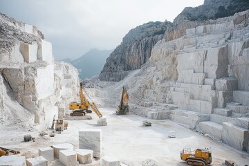 Large blocks of stone extraction marble quarry industrial operation rocky terrain aerial view heavy machinery in action