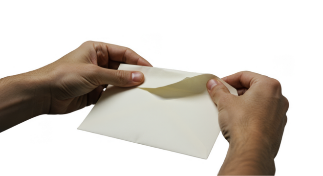 Close Up Of Hands Opening An Ivory Paper Envelope On Transparent Background
