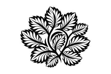 Stylized Flower Blossom Silhouette, Ornamental Leaf, Black and White Floral Design Element