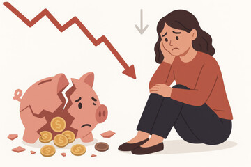 Financial crisis woman broken piggy bank scattered coins. Savings loss economic decline. Market crash investment failure. Bankruptcy stress recession hardship. Money problems budget crisis