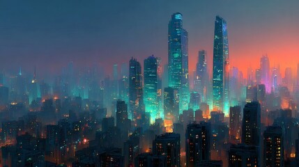 Fototapeta premium A panoramic dusk view of a futuristic cyberpunk city skyline with towering glass skyscrapers reflecting vibrant neon blue and purple lights, casting luminous glows on chrome facades and high-tech 