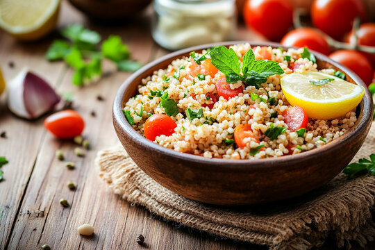 Fresh tabbouleh salad with bulgur, cherry tomatoes, and lemon
