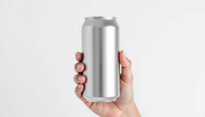 A hand holding a silver can