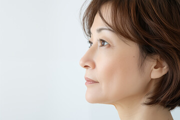 Naklejka premium Side profile of middle-aged Japanese woman with short brown hair and natural expression