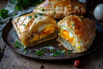 Tunisian brik pastry, sliced open to reveal a rich filling of soft-boiled egg, tuna, and savory herbs, all encased in golden, crisp layers of puff pastry