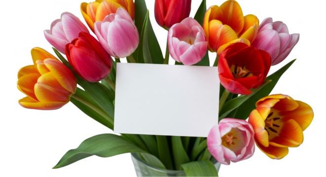 Colorful Bouquet of Tulips with Blank Card Isolated Transparent Background