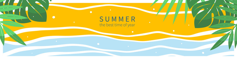 Summer abstract horizontal background. Beach and tropical leaves. Tourism concept, travel and adventure, vacation. Vector illustration for poster, cover, sales